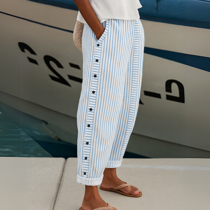 JOVIE | BUTTON-DETAIL STRIPED TROUSERS