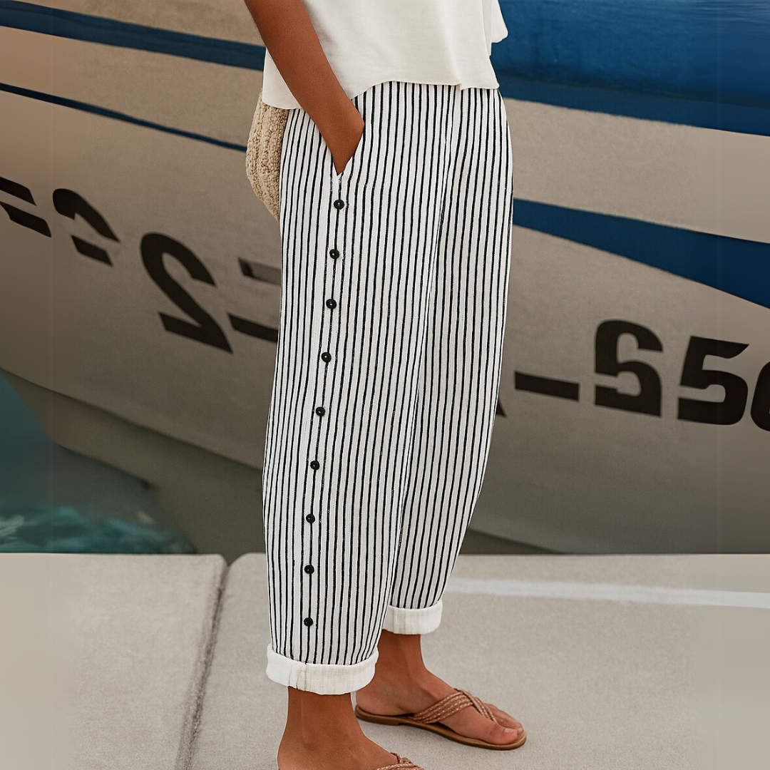 JOVIE | BUTTON-DETAIL STRIPED TROUSERS