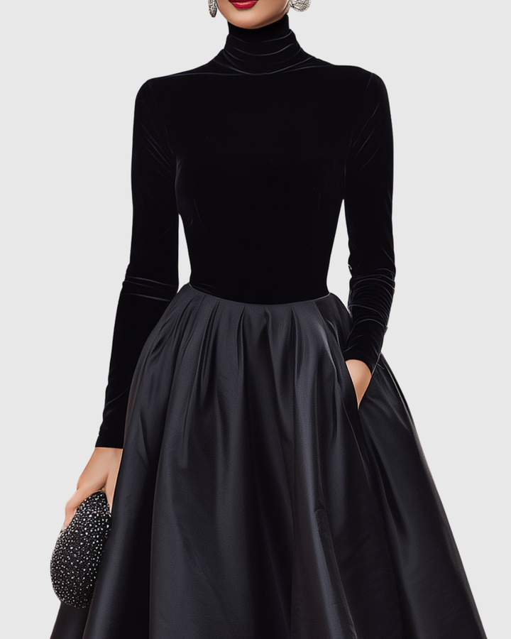 ARADIA | ELEGANT BLACK VELVET AND SATIN MIDI DRESS