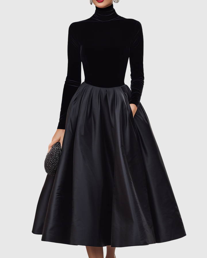 ARADIA | ELEGANT BLACK VELVET AND SATIN MIDI DRESS