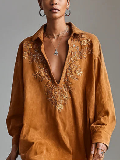 Sybil | Loose Lapel V-Neck Printed Long-Sleeved Midi Dress