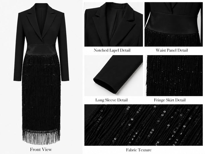 Edna | Black Blazer-Style Midi Dress with Sequin Fringe