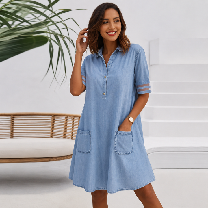 Brittany™ | Tummy-Concealing Denim-Look Blouse Dress