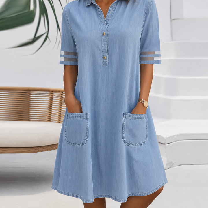 Brittany™ | Tummy-Concealing Denim-Look Blouse Dress
